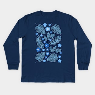 Light Blue leaves and flowers pattern Kids Long Sleeve T-Shirt